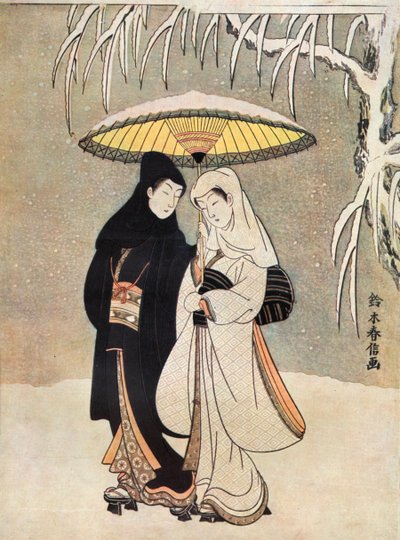 Two Lovers in Snow beneath Umbrella by Suzuki Harunobu by Unknown